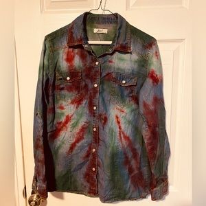 Inso Denim shirt, women’s large, redesigned as a One of a Kind Tie Dye by Rena.
